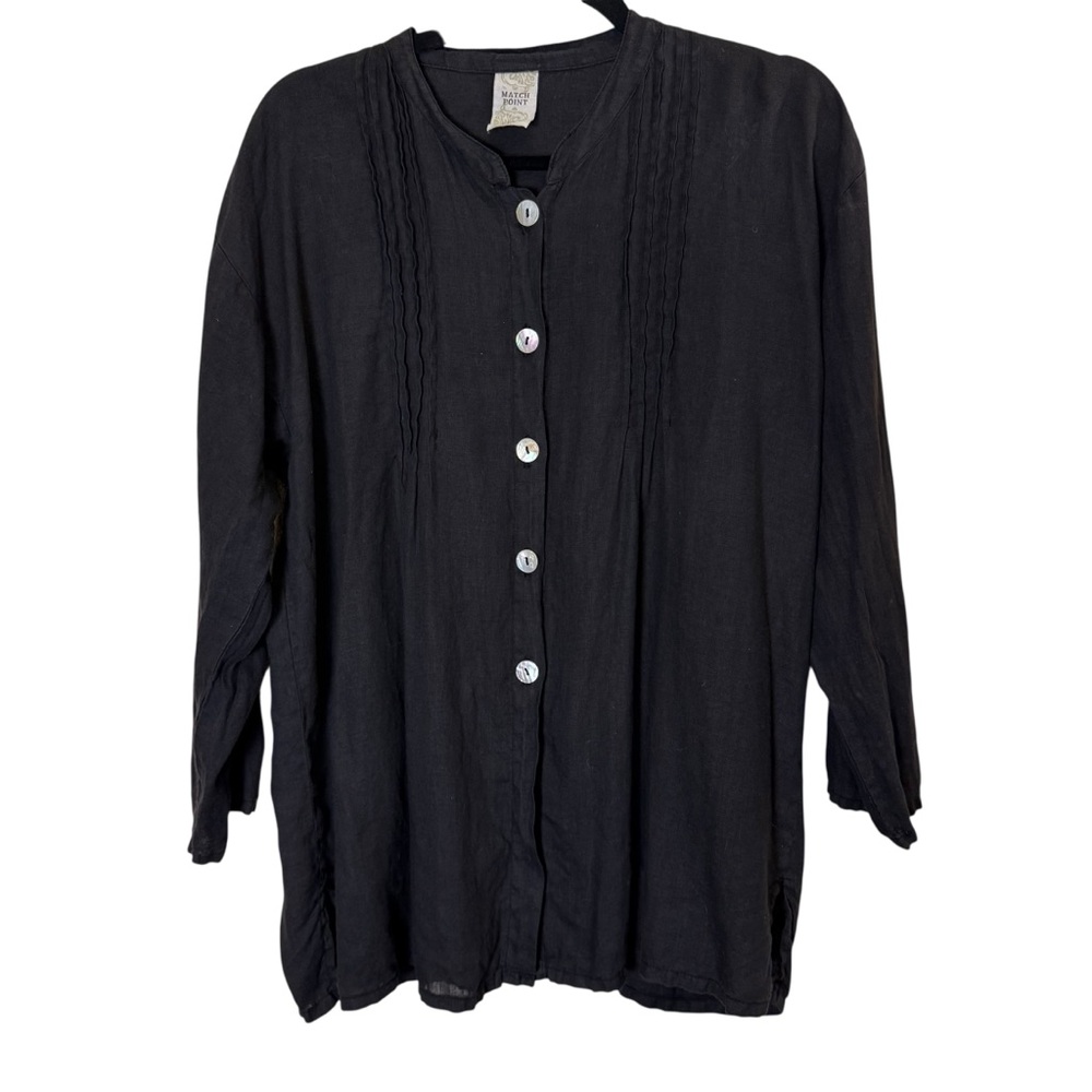 Match Point Women’s Black Lagenlook Lightweight Linen Blouse made in USA sz L